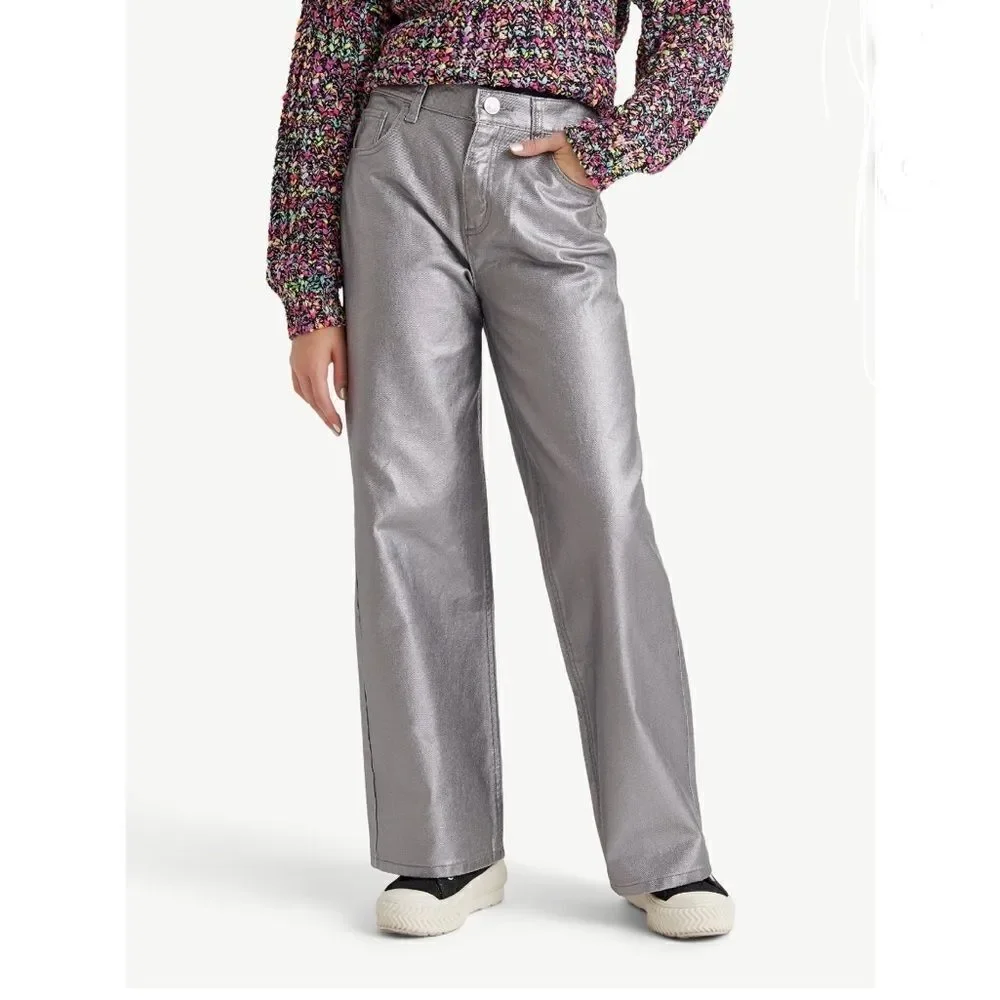 Girls Wide Leg Silver Denim Pleather Pants Size 12